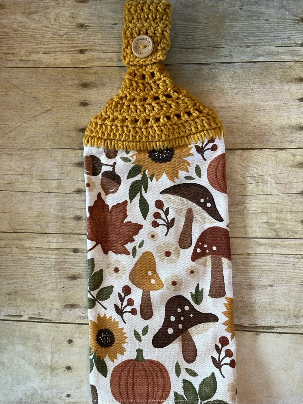 Mushrooms& Fall Colors Crochet Top Hanging Single Thickness Towel HandmadeW Love
